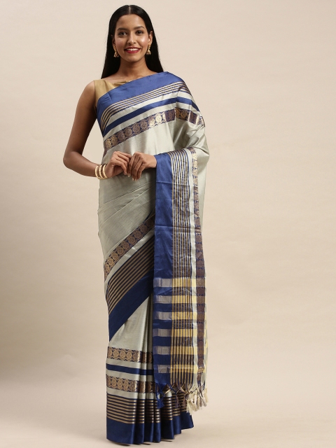 

Mitera Grey & Navy Blue Art Silk Solid Kanjeevaram Saree