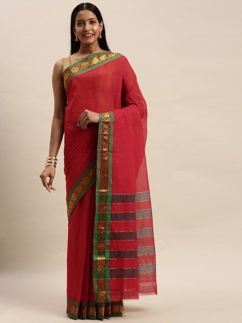

Mitera Red Silk Cotton Solid Mysore Silk Handloom Saree