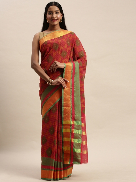 

Mitera Red & Green Silk Cotton Printed Baluchari Handloom Saree