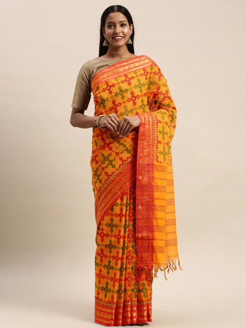 

Mitera Yellow & Green Silk Cotton Printed Handloom Mysore Silk Saree