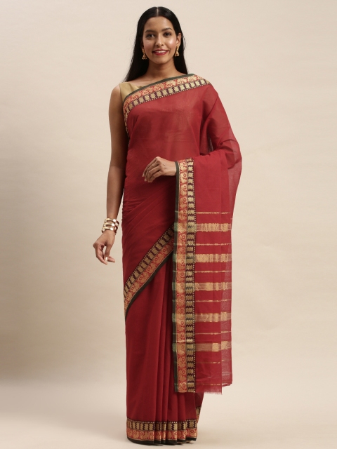 

Mitera Coral Red & Gold-Toned Silk Cotton Solid Baluchari Saree