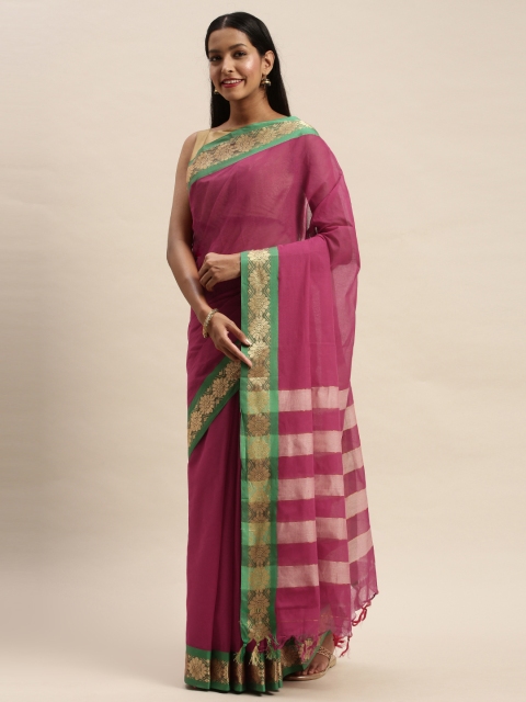 

Mitera Pink Silk Cotton Solid Handloom Kanjeevaram Saree