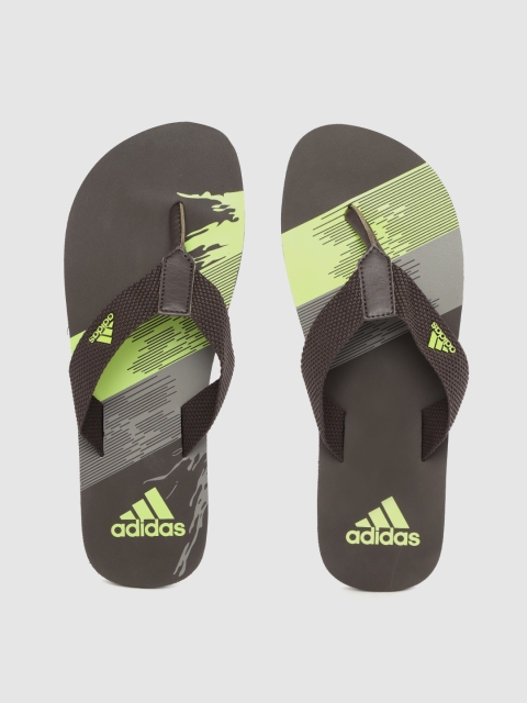 

ADIDAS Men Coffee Brown & Fluorescent Green Brand Logo Print Thong Flip-Flops