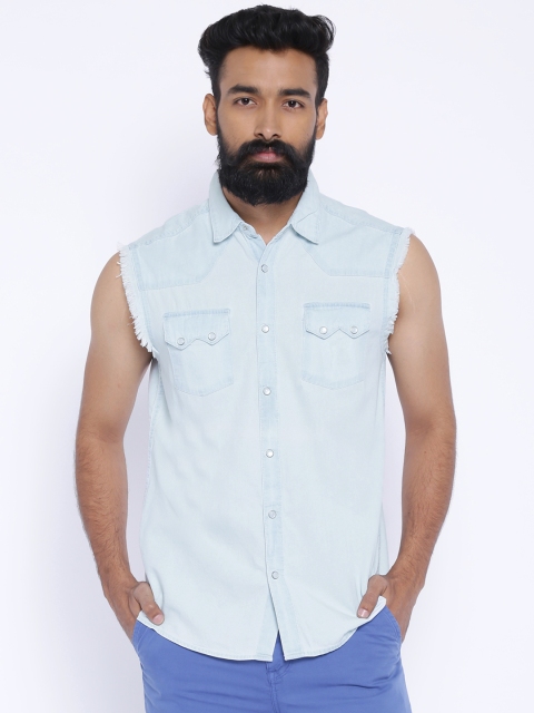 

Blue Saint Men Blue Solid Denim Sleeveless Casual Shirt