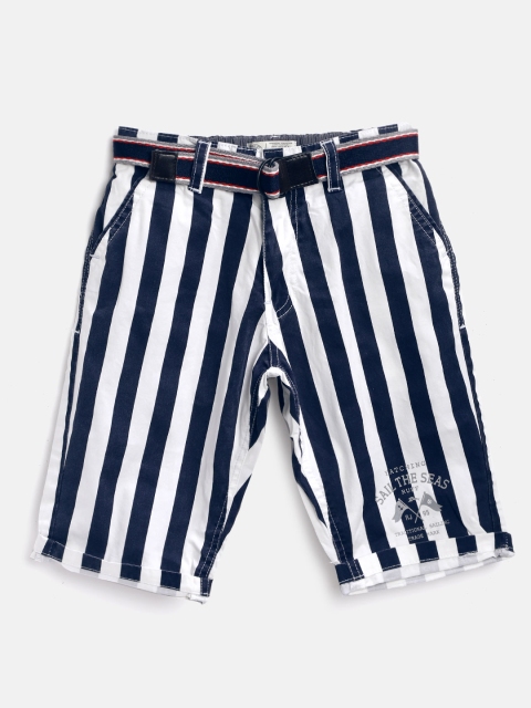 

RUFF Boys Navy Blue & White Striped Slim Fit Regular Shorts with Belt