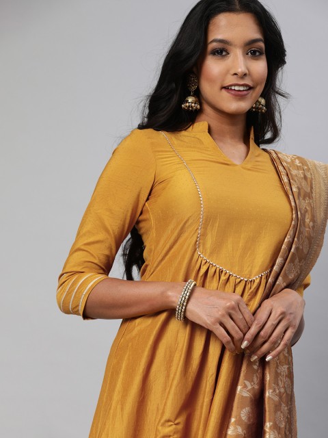 

Inddus Women Mustard Yellow Woven Design Gathered A-Line Kurta with Trousers & Dupatta