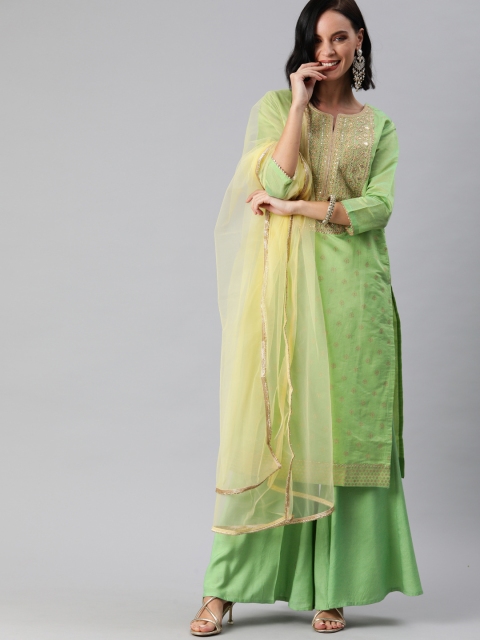 

Inddus Women Green Embroidered Kurta with Palazzos & Dupatta