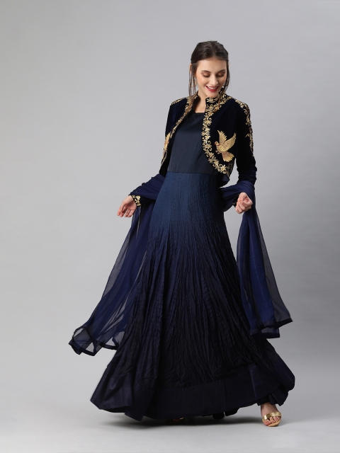 

Inddus Women Navy Blue Solid Anarkali Kurta with Embroidered Velvet Jacket & Dupatta