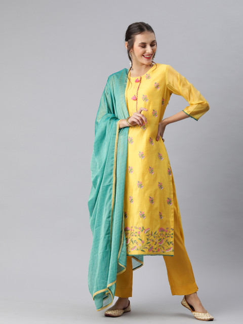 

Inddus Women Yellow & Turquoise Blue Embroidered Kurta with Trousers & Dupatta