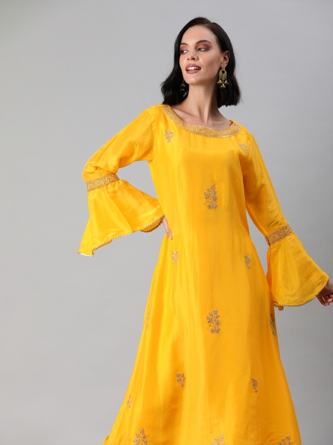 

Inddus Women Yellow & White Embroidered Kurta with Dhoti Pants