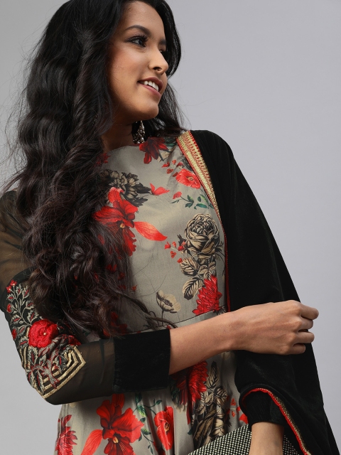 

Inddus Women Grey & Black Floral Printed Kurta with Skirt & Velvet Dupatta