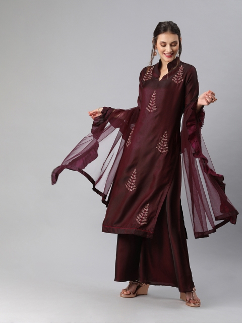 

Inddus Women Burgundy Embroidered Kurta with Palazzos & Dupatta
