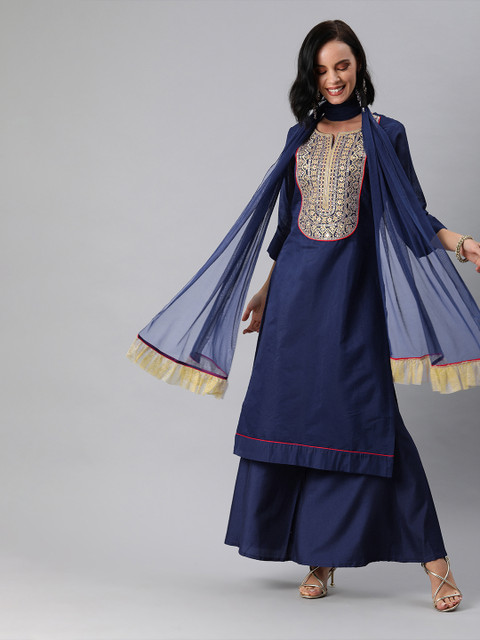 

Inddus Women Navy Blue Embroidered Kurta with Palazzos & Dupatta