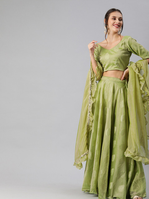 

Inddus Olive Green Woven Design Semi-Stitched Lehenga & Unstitched Blouse with Dupatta