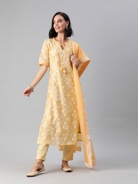 

Inddus Women Yellow & White Embroidered Kurta with Trousers & Dupatta