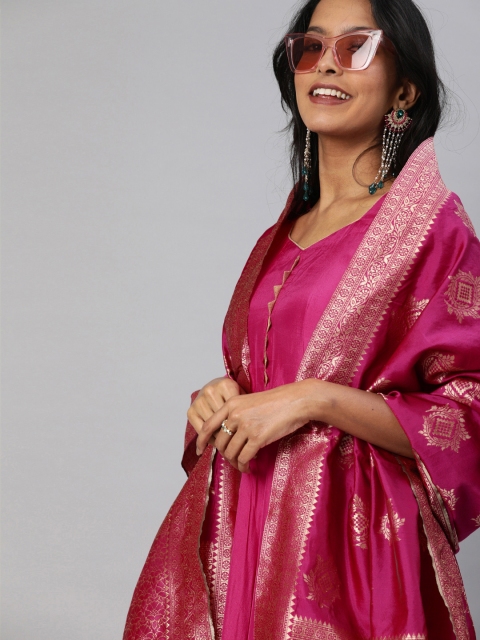 

Inddus Women Magenta Pink Solid Anarkali Kurta with Brocade Dupatta