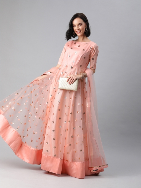 

Inddus Women Pink Embellished Sequence A-Line Kurta with Dupatta