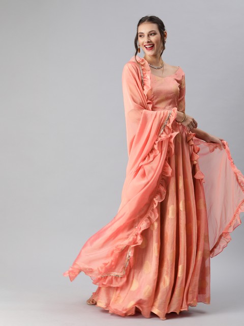 

Inddus Coral Pink Woven Design Semi-Stitched Lehenga & Unstitched Blouse with Dupatta