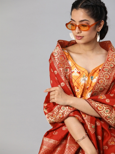

Inddus Women Mustard Yellow & Red Woven Design Kurta with Brocade Dupatta