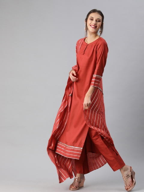 

Inddus Women Maroon Solid Kurta with Trousers & Dupatta