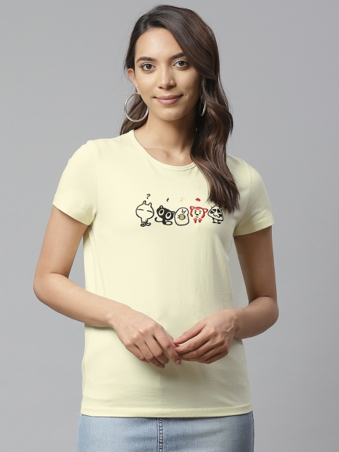 

VividArtsy Women Yellow Embroidered Round Neck T-shirt
