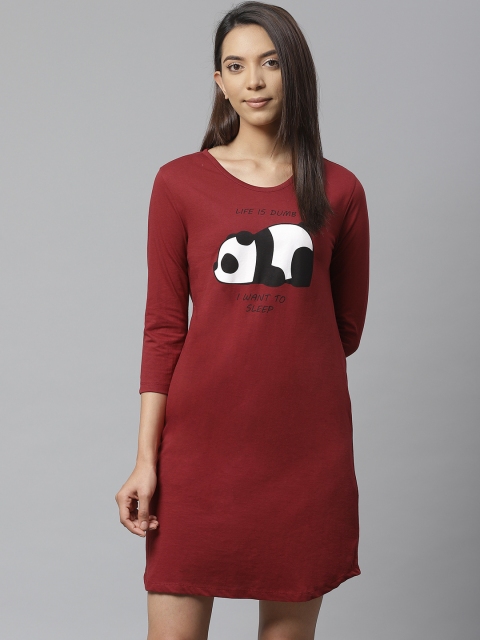 

VividArtsy Women Maroon & White Sleeping Panda Pure Cotton Sleep Shirt