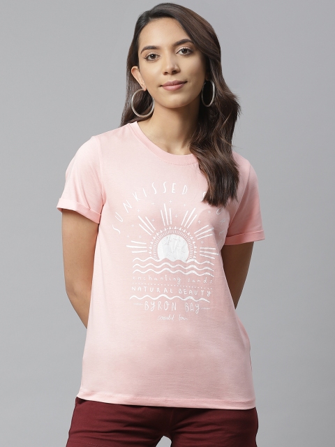 

VividArtsy Women Peach-Coloured Printed Round Neck T-shirt