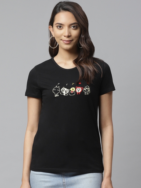 

VividArtsy Women Black Embroidered Round Neck T-shirt