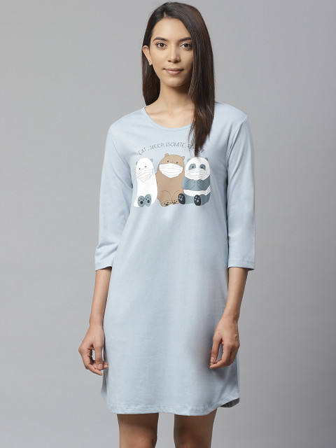 

VividArtsy Women Blue & White We Bare Bear Print Pure Cotton Sleep Shirt