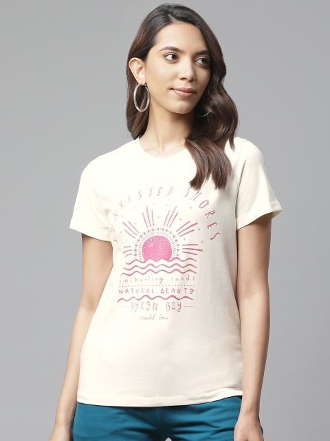 

VividArtsy Women Off-White & Pink Printed Round Neck T-shirt