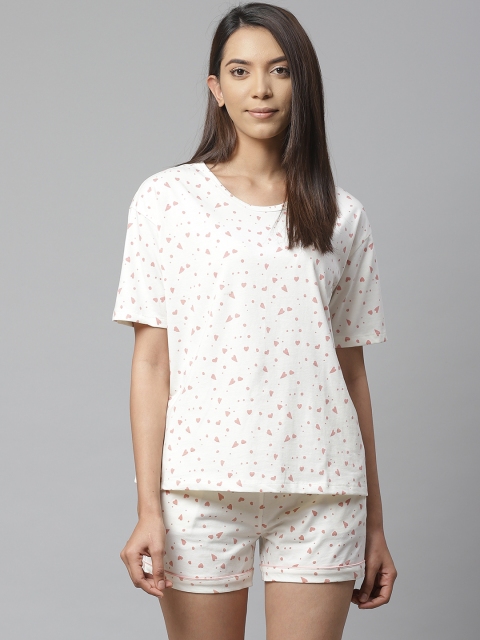 

VividArtsy Women Off-White & Pink Conversational Print Nightsuit