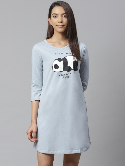 

VividArtsy Women Blue & White Sleeping Panda Print Pure Cotton Sleep Shirt