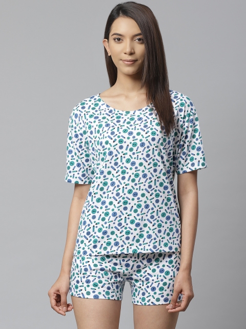 

VividArtsy Women White & Blue Conversational Print Nightsuit