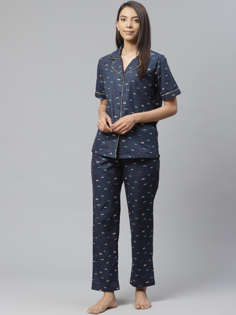 

VividArtsy Women Navy Blue & Yellow Conversational Print Nightsuit