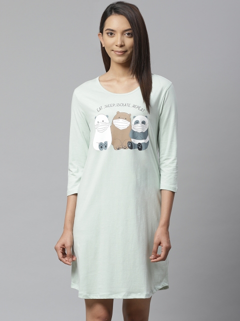 

VividArtsy Women Green & White We Bare Bear Print Pure Cotton Sleep Shirt