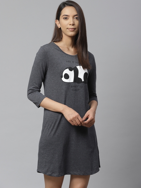

VividArtsy Women Charcoal Grey & White Sleeping Pure Cotton Sleep Shirt