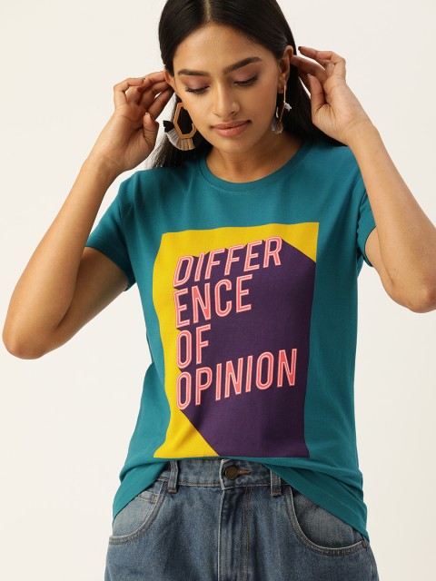 

Difference of Opinion Women Teal Blue Printed Round Neck Pure Cotton T-shirt