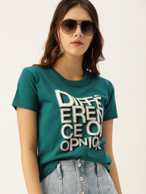 

Difference of Opinion Women Green Off White Printed Round Neck Pure Cotton T-shirt