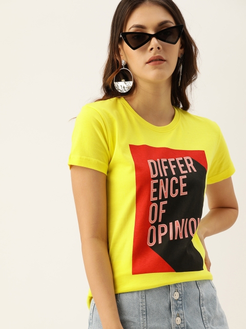

Difference of Opinion Women Yellow Red Printed Round Neck Pure Cotton T-shirt