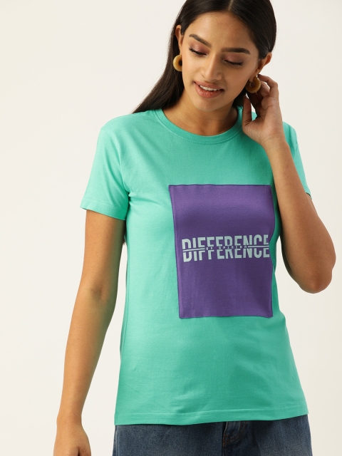 

Difference of Opinion Women Turquoise Blue Purple Printed Round Neck Pure Cotton T-shirt