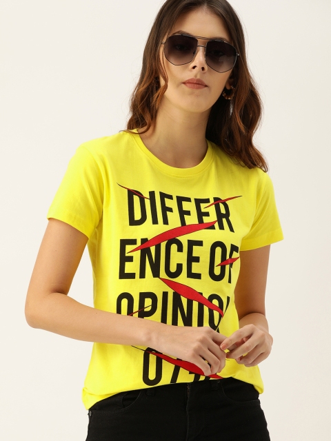 

Difference of Opinion Women Yellow Black Printed Round Neck Pure Cotton T-shirt