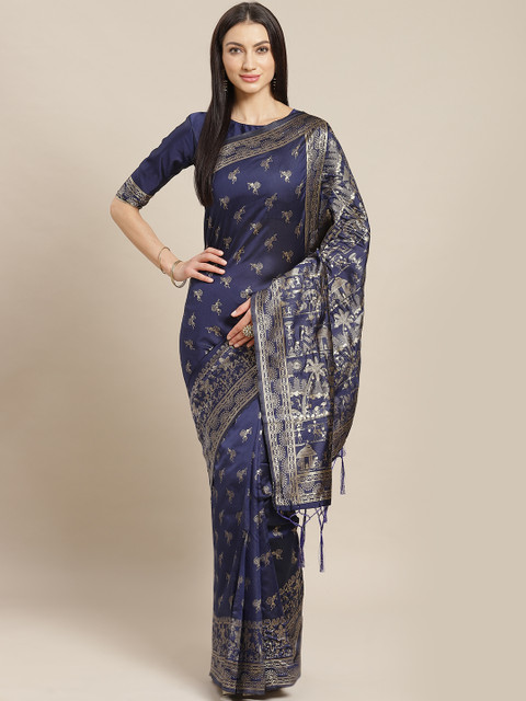 

Saree mall Navy Blue & Golden Woven Design Banarasi Saree