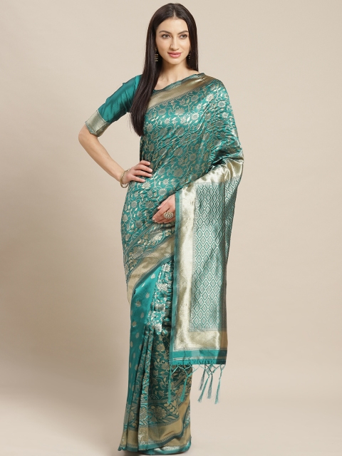 

Saree mall Teal Green & Golden Ethnic Floral Woven Design Banarasi Saree