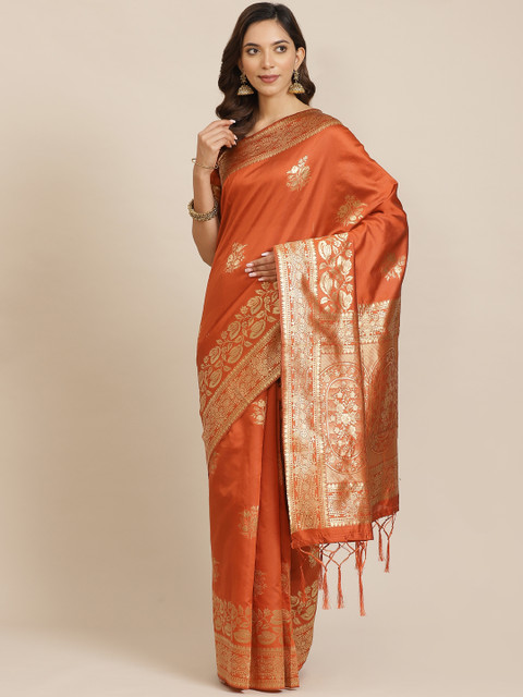 

Saree mall Rust Orange & Golden Woven Design Banarasi Saree