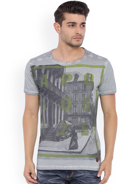 

Blue Saint Men Grey Printed Slim Fit Round Neck T-shirt