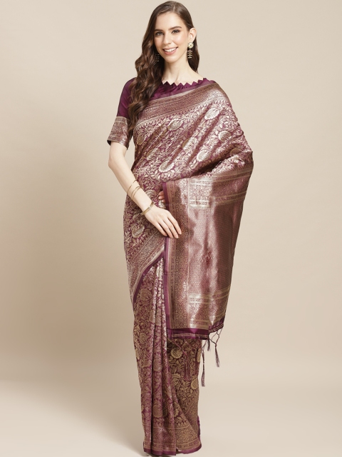 

Saree mall Wine-Coloured & Golden Ethnic Floral Woven Design Banarasi Saree, Purple