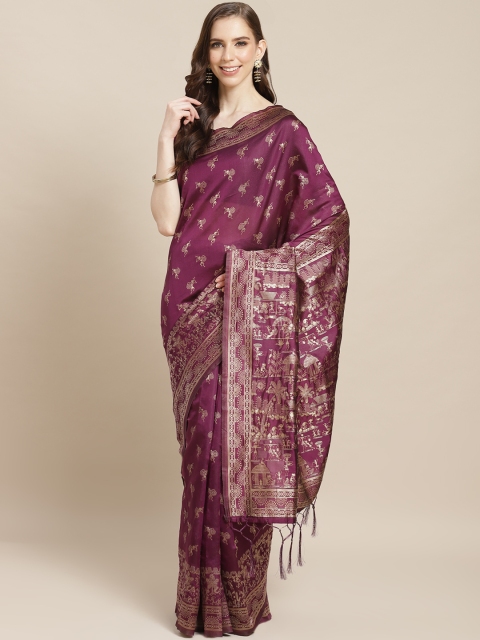 

Saree mall Wine-Coloured & Golden Warli Woven Design Banarasi Saree, Purple