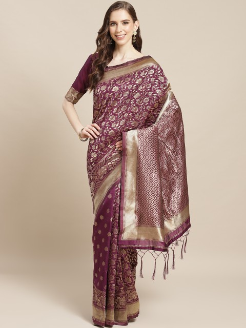 

Saree mall Wine-Coloured & Golden Ethnic Floral Woven Design Banarasi Saree, Purple