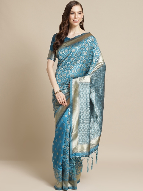 

Saree mall Teal Blue & Golden Ethnic Floral Woven Design Banarasi Saree