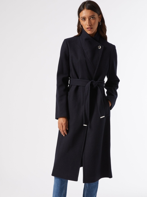 

DOROTHY PERKINS Women Navy Blue Solid Glossy Funnel Wrap Coat